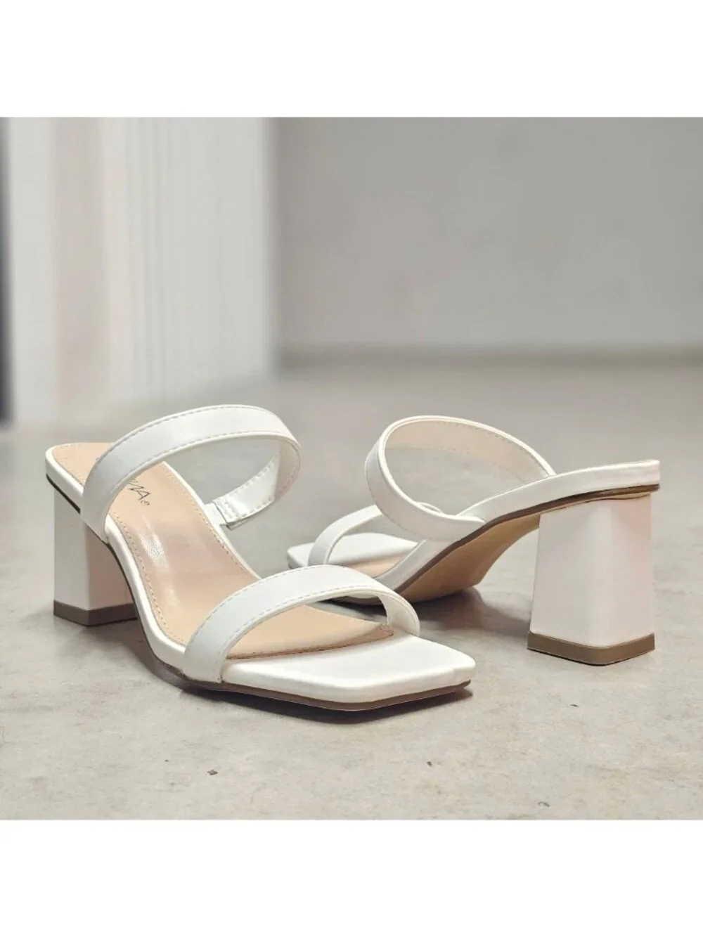 White Faux Leather Block Heel Sandals With Double Straps & Square Toe For Women - Picture 1 of 15